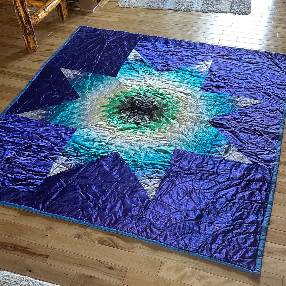 Vintage Handmade Starburst Quilt - Blue, Teal & Green blanket throw bedspread